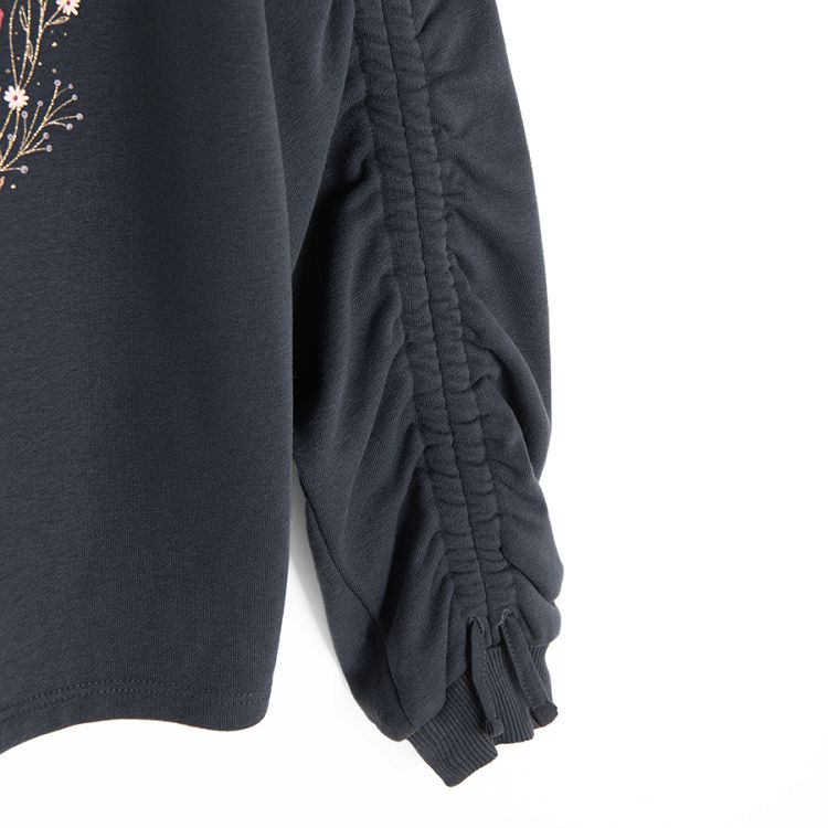 Dark grey sweatshirt with flower wreath and Happy Hour print