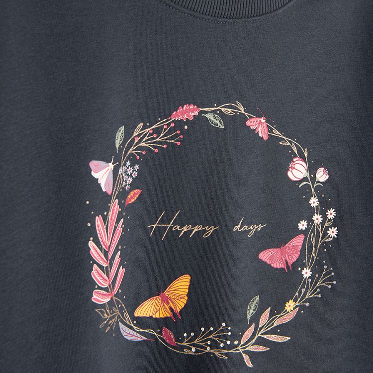 Dark grey sweatshirt with flower wreath and Happy Hour print