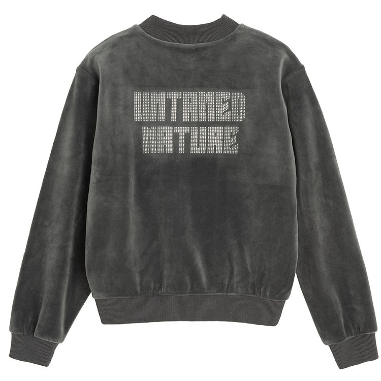 Dark grey zip through sweatshirt with UNTAMED NATURE print