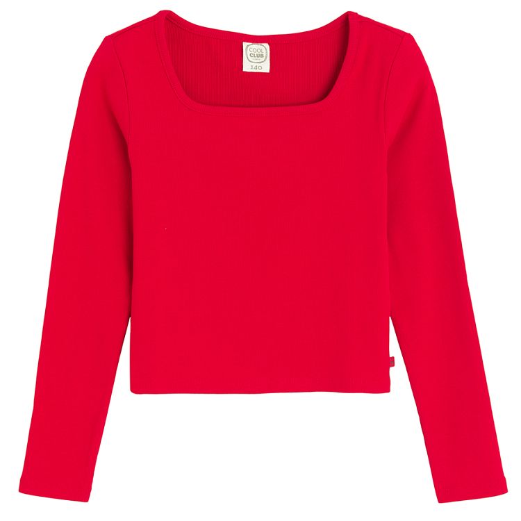 Red blouse with square neckline