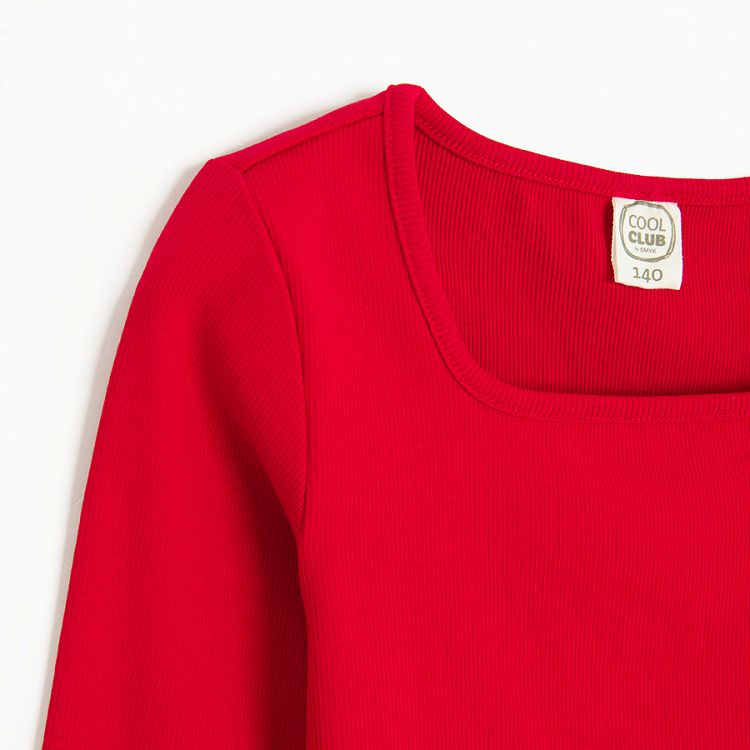 Red blouse with square neckline