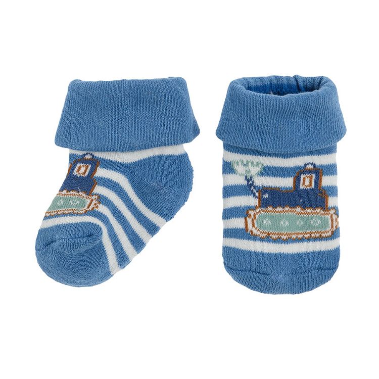 Blue stripes socks with truck print