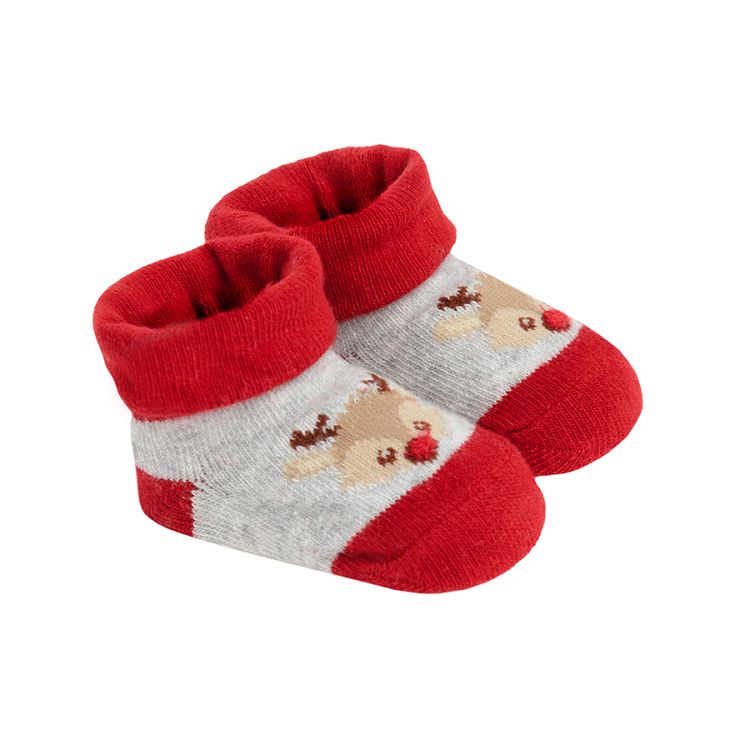 Red and grey socks with raindeer print