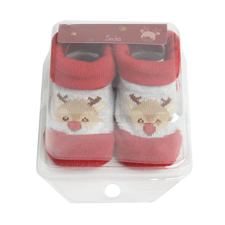 Red and grey socks with raindeer print