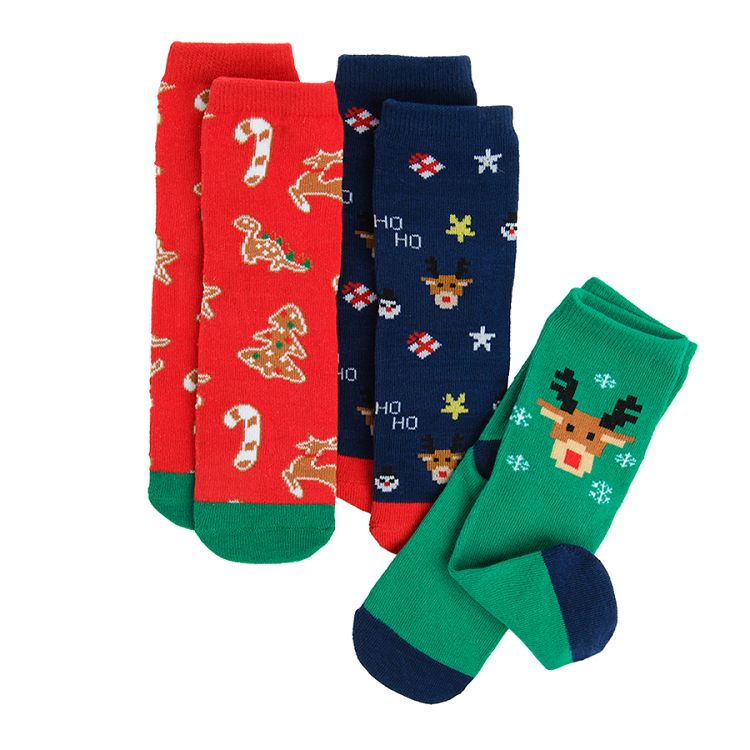 Blue, red, green socks with festive print- 3 pack