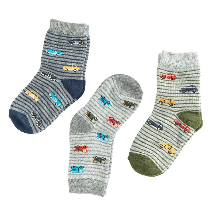 Grey socks with cars print- 3 pack