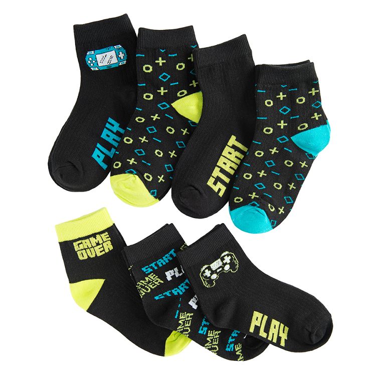 Black ankle socks with gaming prints- 7 pack