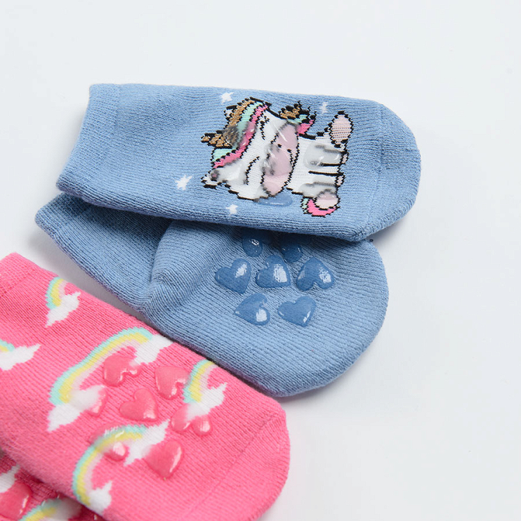 Blue and pink socks with unicorn and rainbow prints- 2 pack