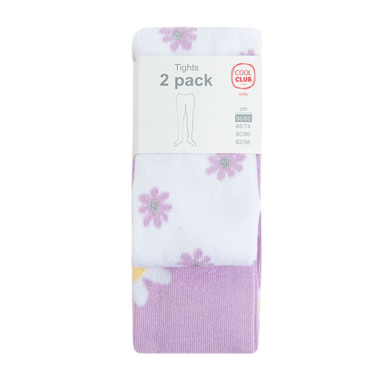 White and purple tights with daisies print- 2 pack