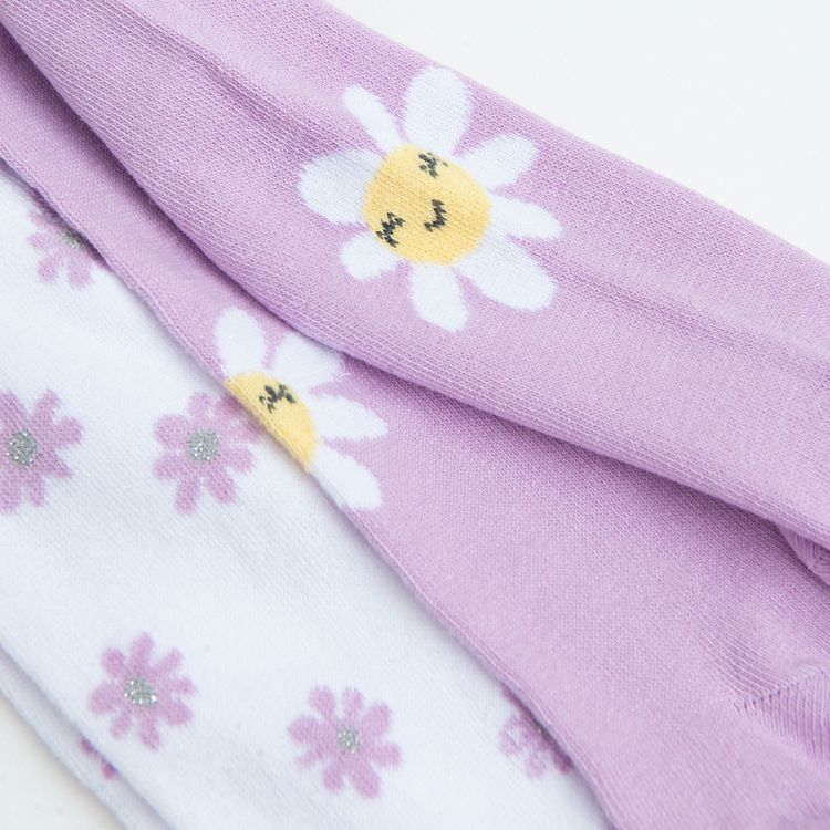 White and purple tights with daisies print- 2 pack