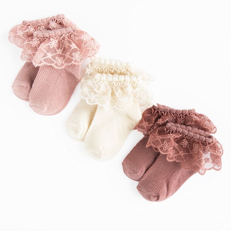 White and pink socks with lace- 3 pack