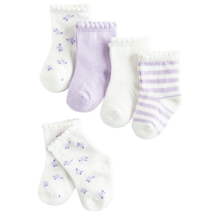 White and purple ribbed socks - 5 pack