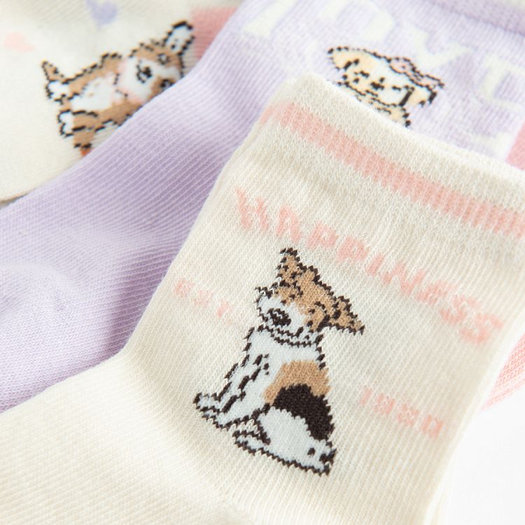 White, pink, purple socks with puppies print- 5 pack