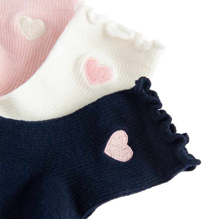 Pink, white, blue socks with small heart print- 3 pack