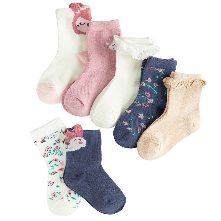 White, pink, blue socks with forest animals print- 5 pack