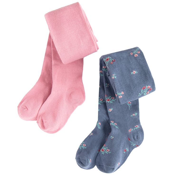 Pink and blue floral thick tights- 2 pack