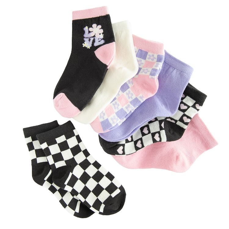 Pink, black, white ankle socks with patterns- 7 pack