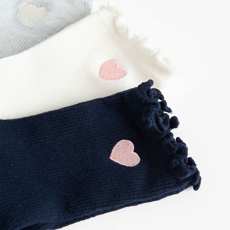 Pink, white, blue socks with small heart print- 3 pack