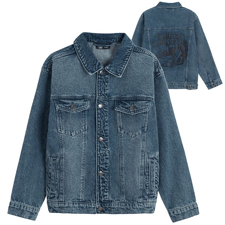 Blue denim jacket with Speed Monster print on the back