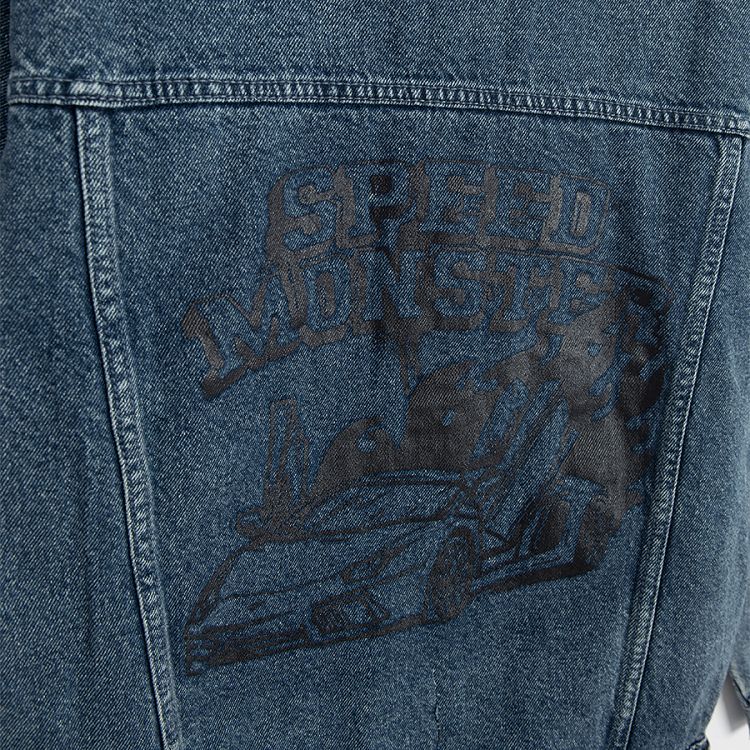 Blue denim jacket with Speed Monster print on the back