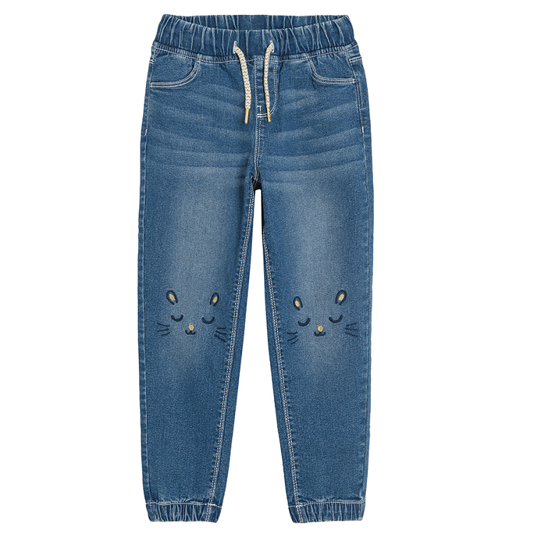 Denim trousers with adjustable waist and kitten face on the knees