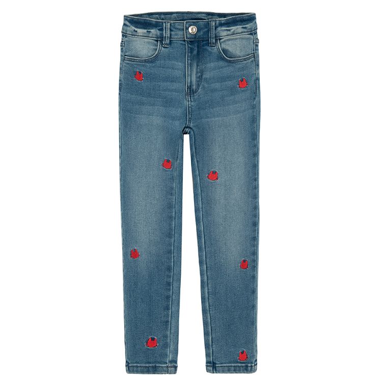 Denim trousers with small cats face embroidered