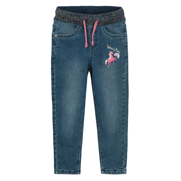 Denim pants with unicorn print and pink lining