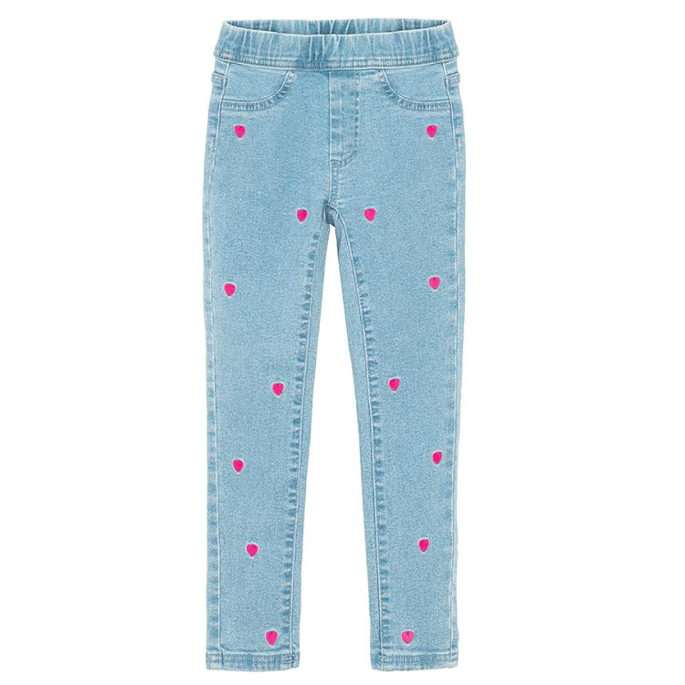 Light blue denim leggings with red strawberries