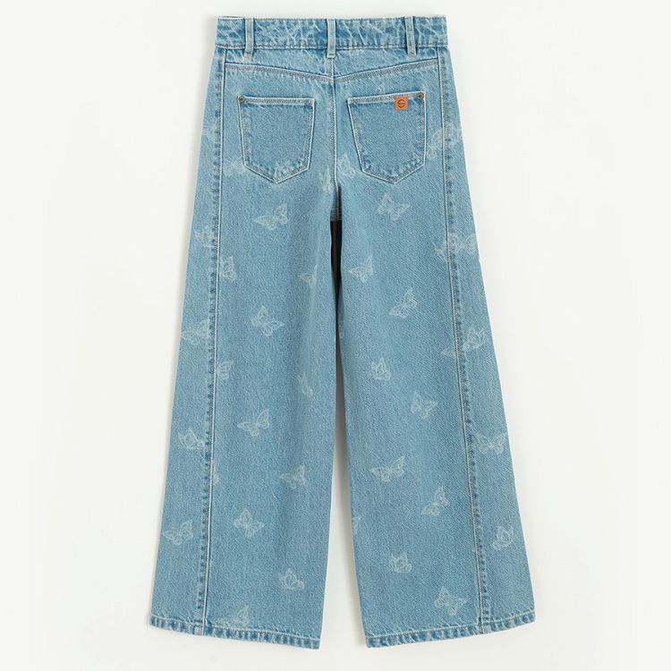 Denim wide leg pants with butterflies print