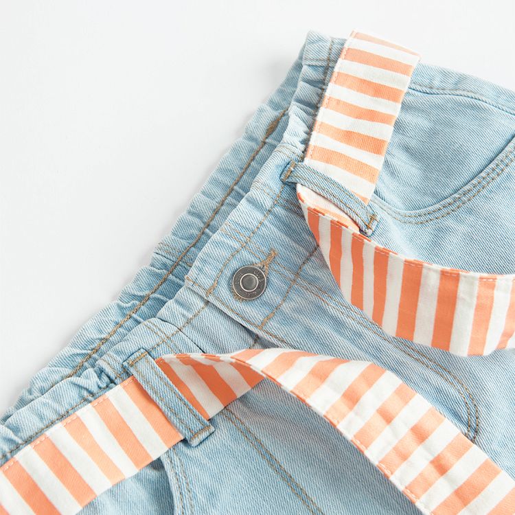 Blue denim shorts with striped white and pink belt