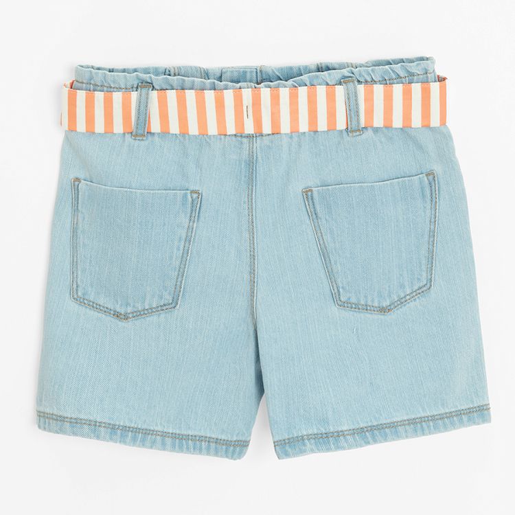 Blue denim shorts with striped white and pink belt