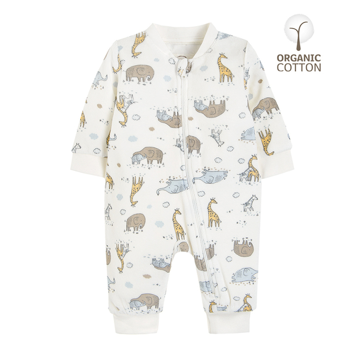 White footless sleepsuit with jungle animals print