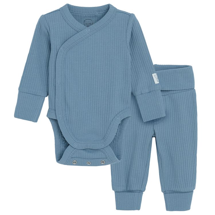 Blue wrap long sleeve bodysuit and footless leggings set