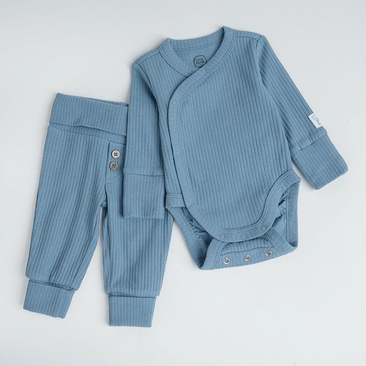 Blue wrap long sleeve bodysuit and footless leggings set