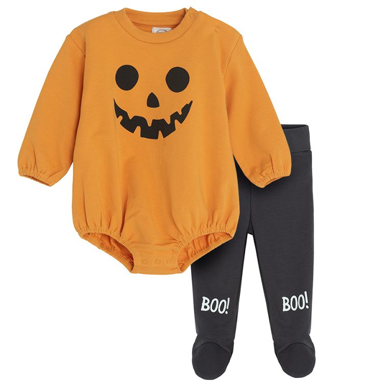 Orange Halloween long sleeve bodysuit and black footed leggings with BOO print