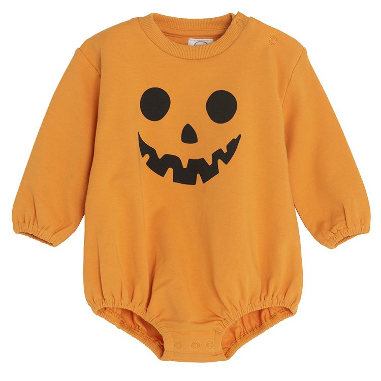 Orange Halloween long sleeve bodysuit and black footed leggings with BOO print