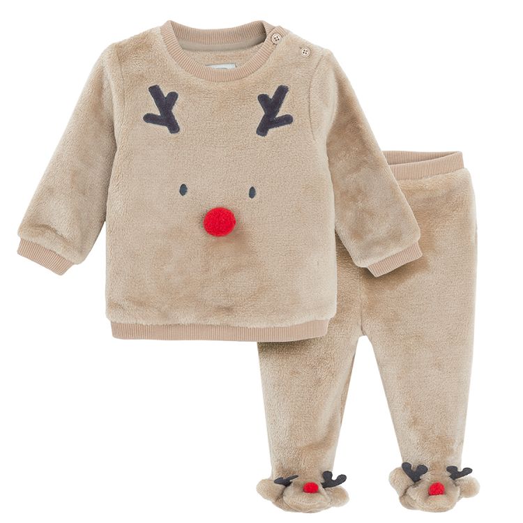 Jogging set with raindeer print, sweater and footed leggings