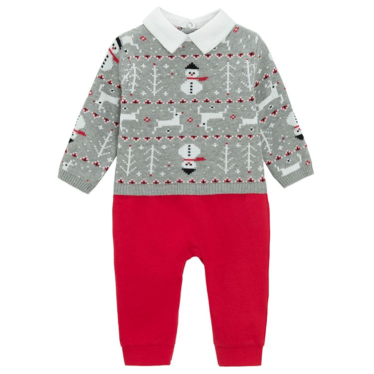 Grey sweatshirt with snowmen and raindeer print and red leggings