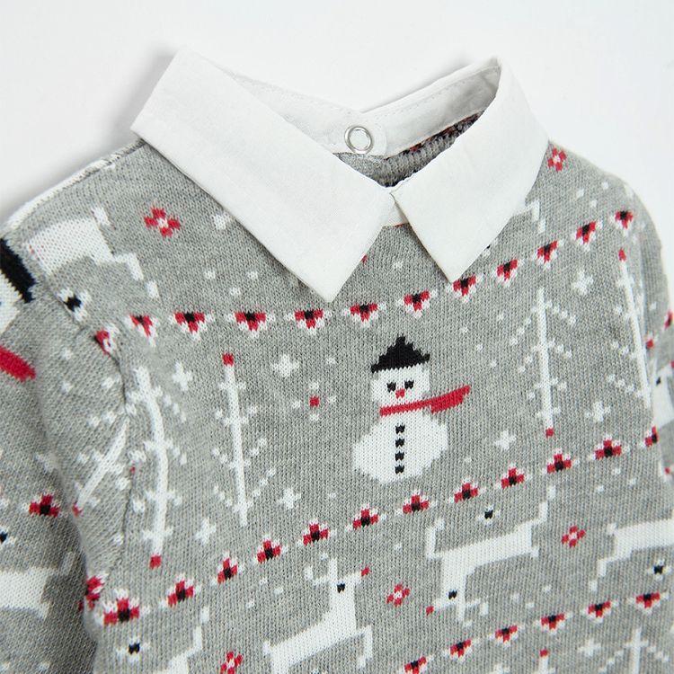 Grey sweatshirt with snowmen and raindeer print and red leggings