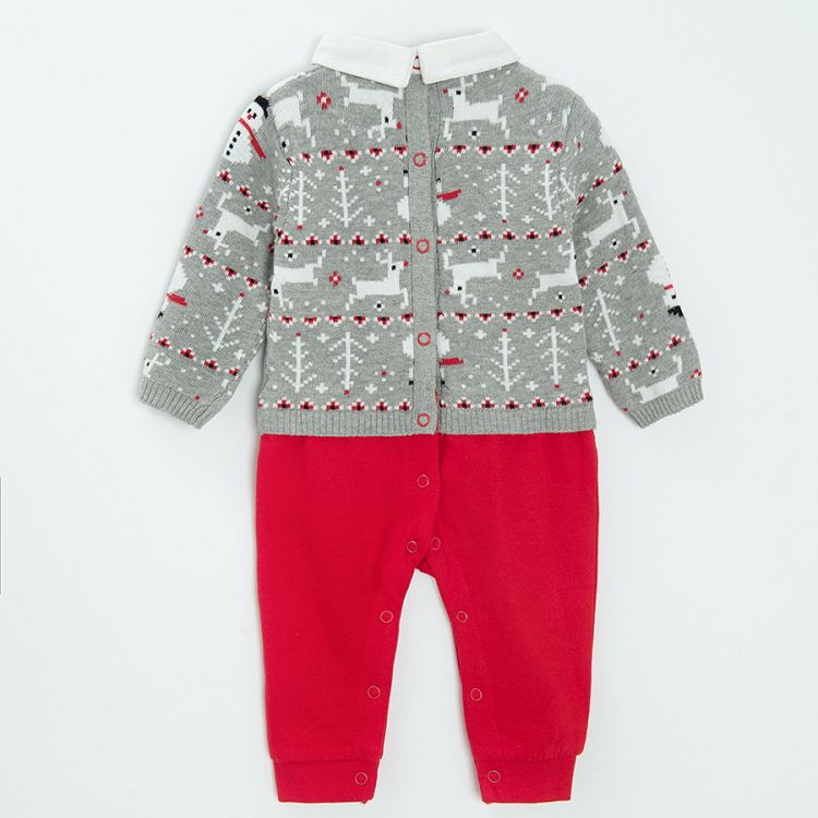 Grey sweatshirt with snowmen and raindeer print and red leggings