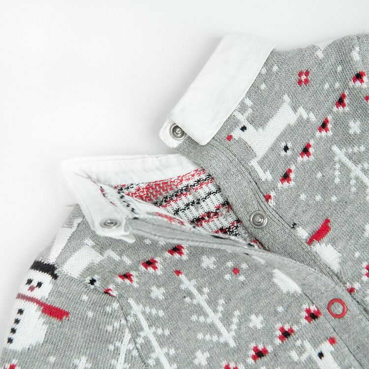 Grey sweatshirt with snowmen and raindeer print and red leggings