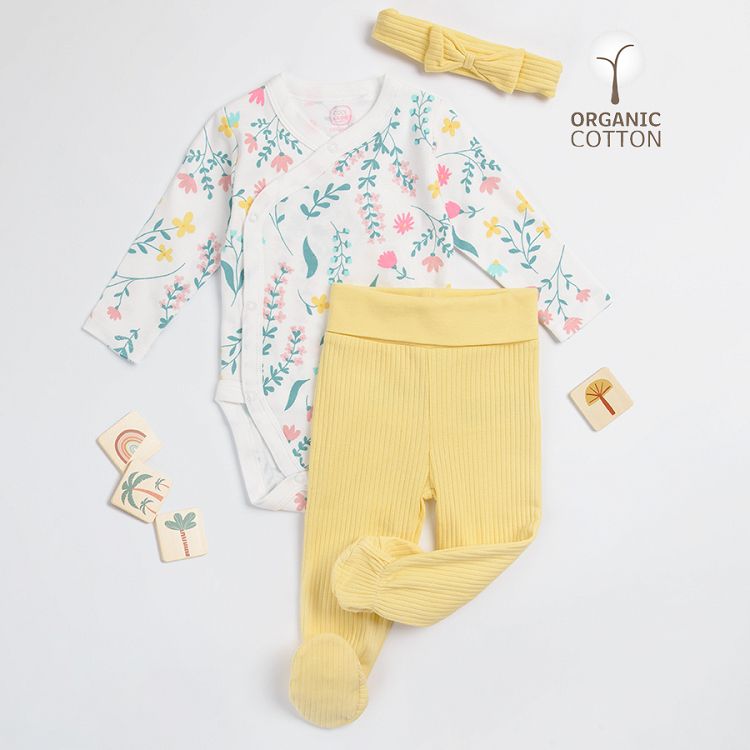 White floral wrap long sleeve bodysuit yellow footed leggings and matching headband set