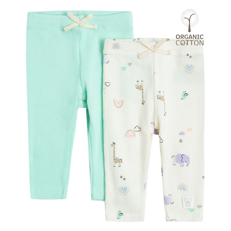 Light green and white with delicate print footless leggings- 2 pack