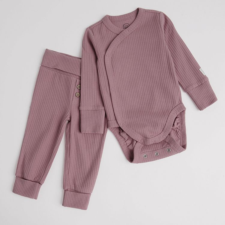 Burgundy long leeve bodysuit and footless leggings set