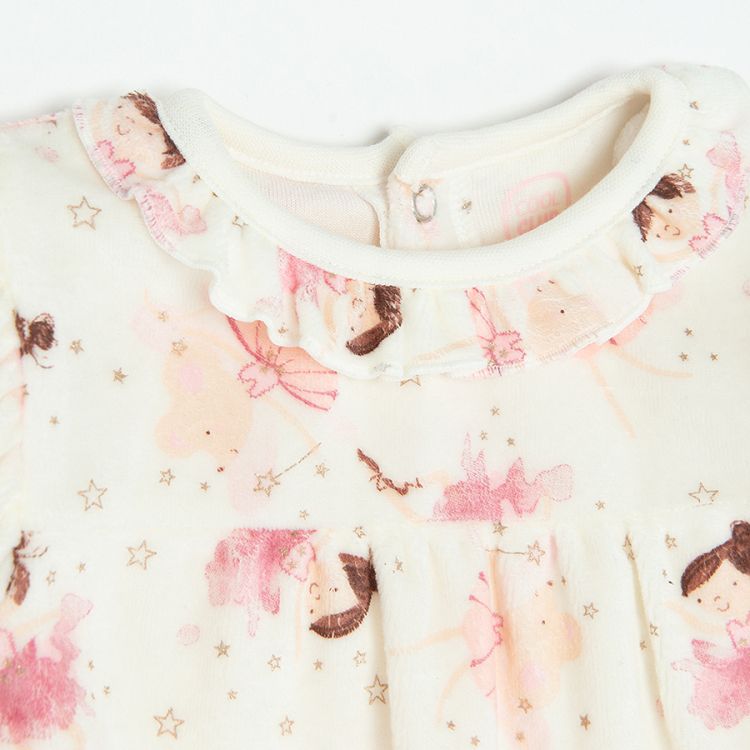 Ecru long sleeve footed overall with ballerinas print