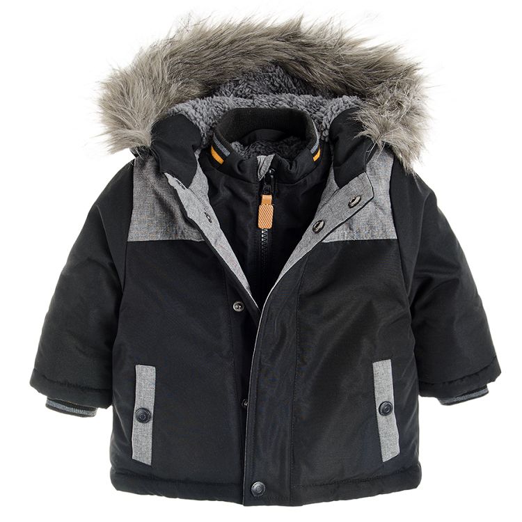 Black hooded puffy jacket