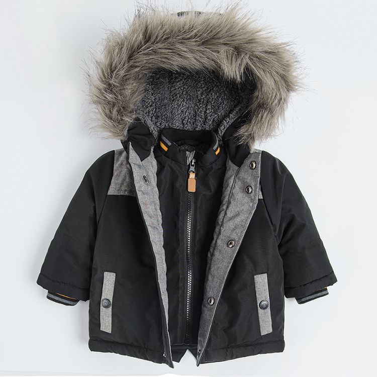 Black hooded puffy jacket