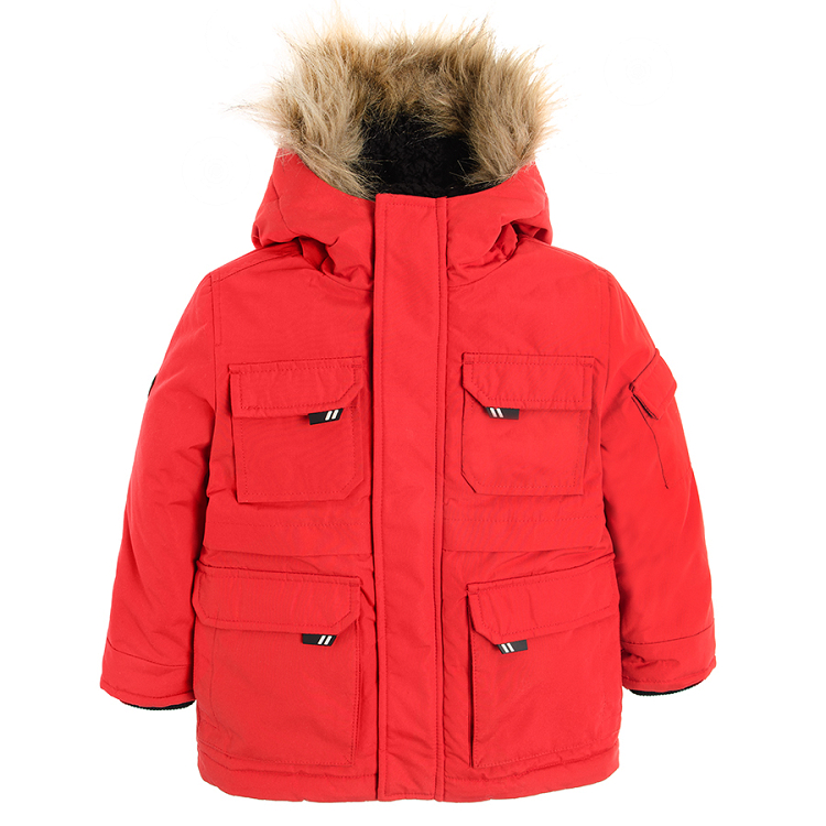 Red hooded jacket