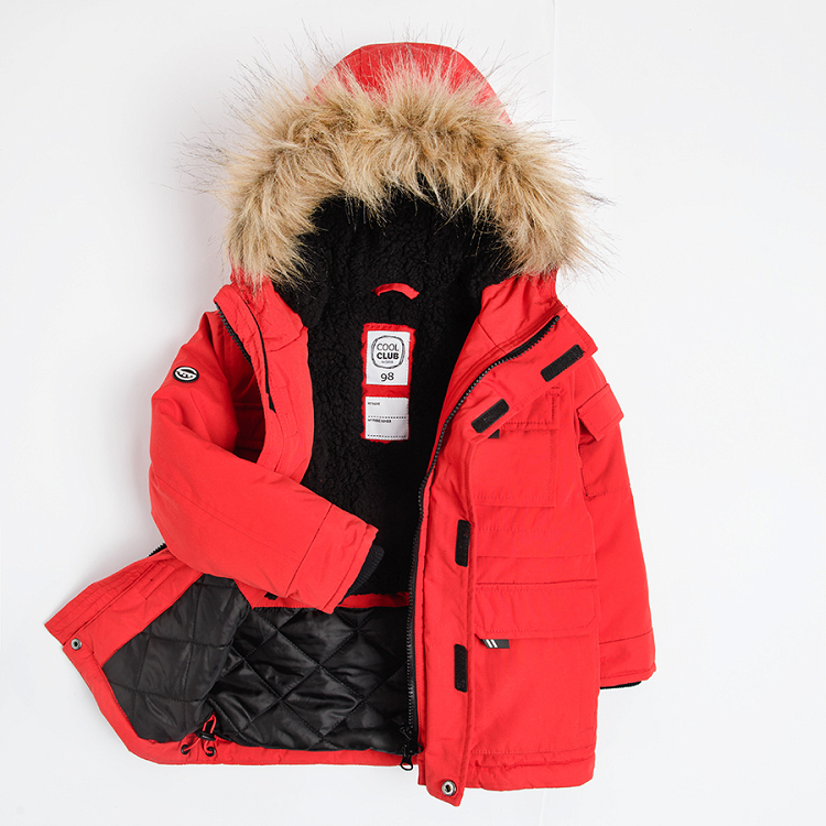 Red hooded jacket