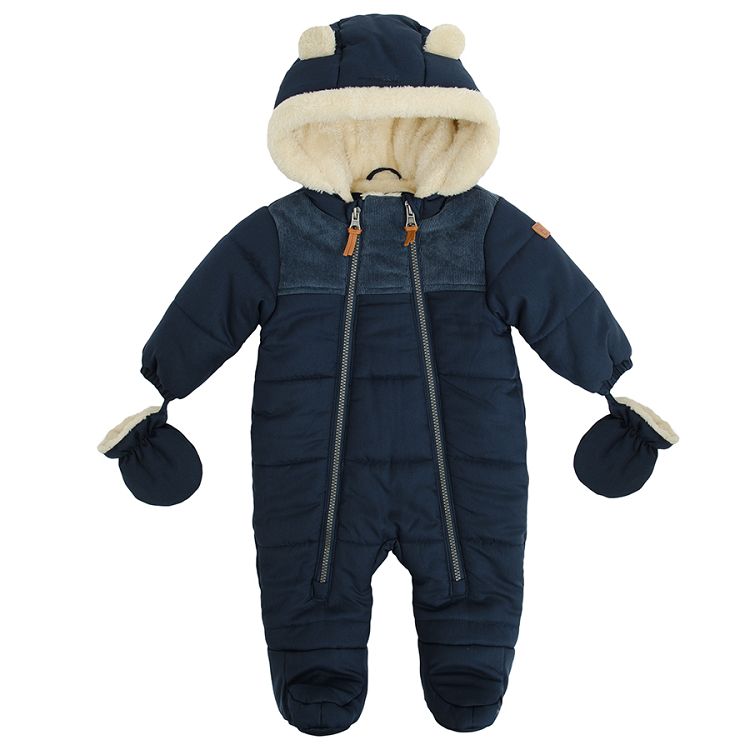 Blue hooded snowsuit with 2 zippers